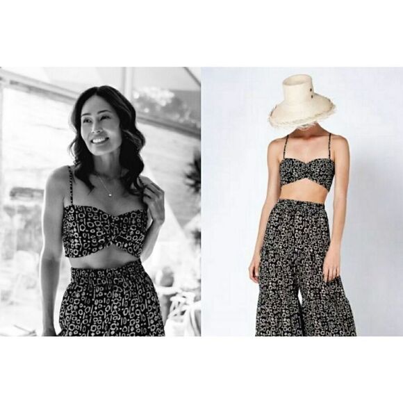 NWT Alexis Abstract Print Smocked Back Lined Bambi Cropped Top Black Size XS - Picture 2 of 11